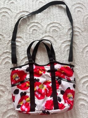 Lesportsac Red Floral Tote with Black Straps